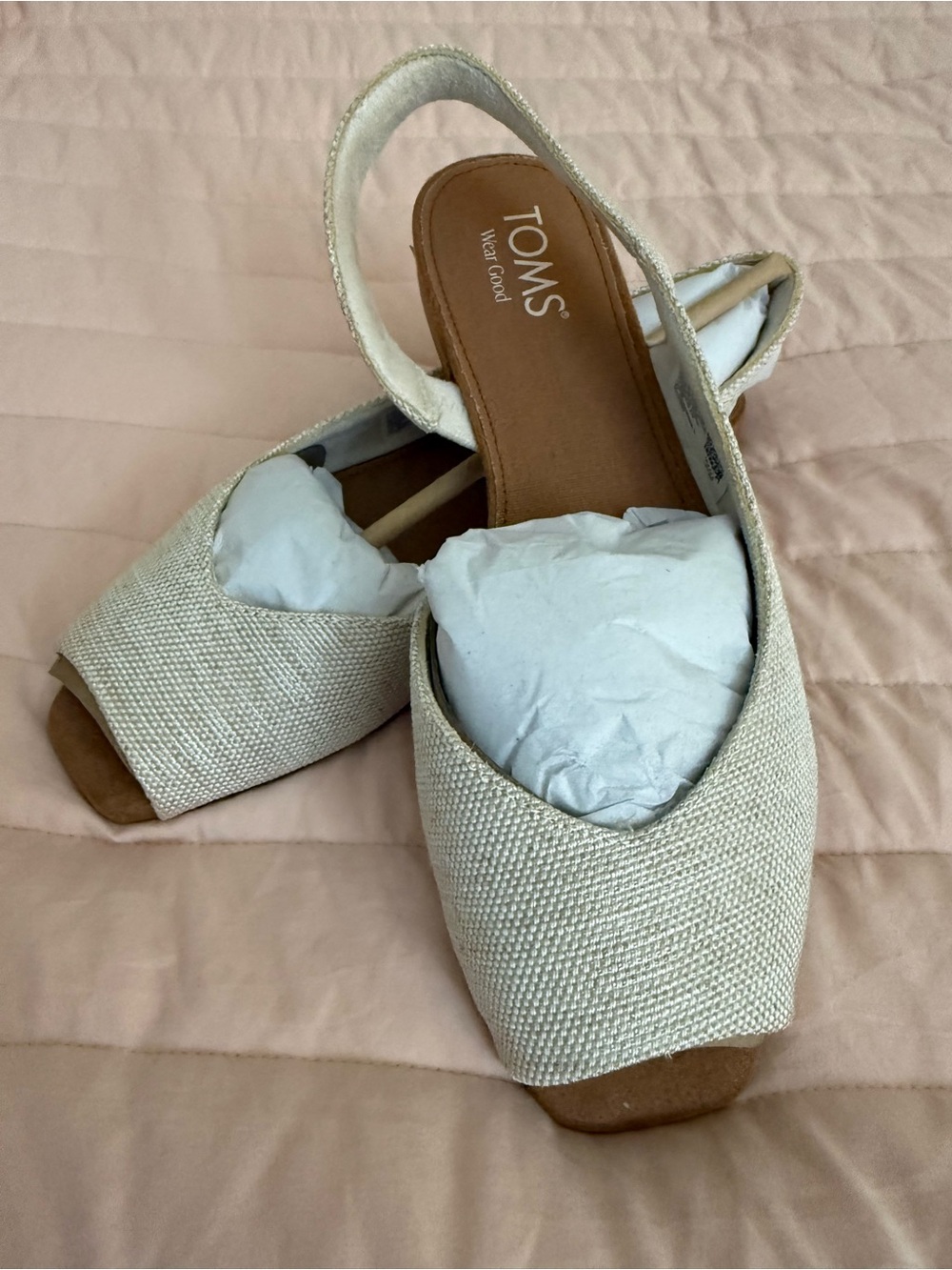 TOMS Cream Woven Slingback Peep-Toe Wedges